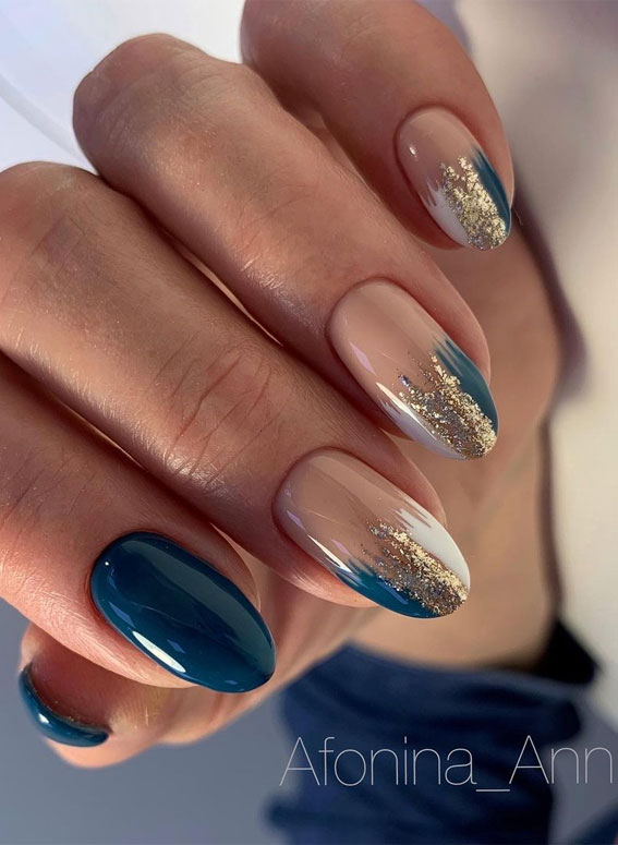 Creative & Pretty Nail Trends 2021 : Blue Teal and Gold Nails
